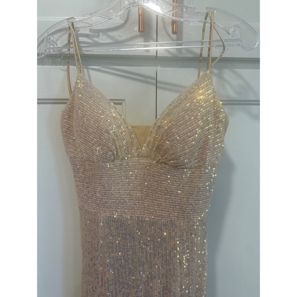 Sherri Hill Sequin Gown Gold Formal Prom Evening Dress Open Back Slit Size 8 - Picture 3 of 7